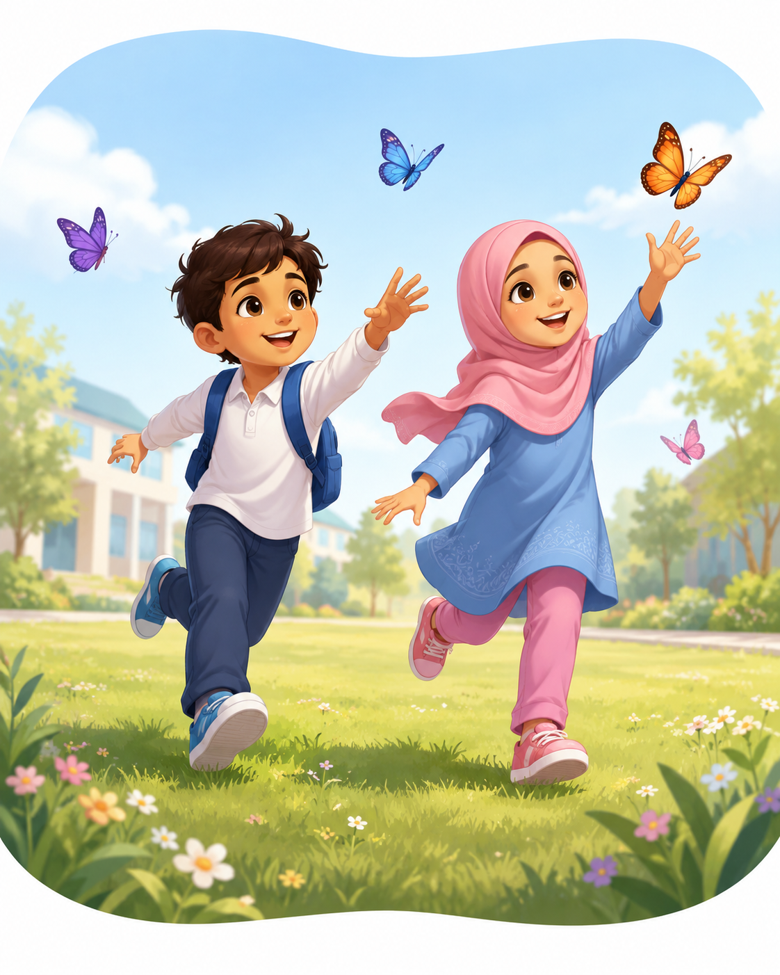 Anak sekolah ceria mengejar kupu-kupu